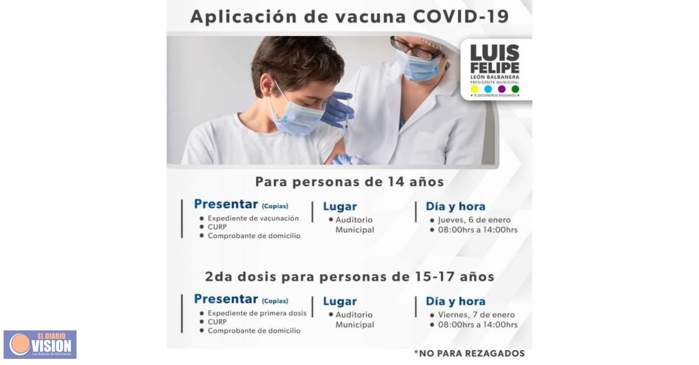 Se aplicará vacunación para jóvenes de 14 y de 15 a 17 años, esta semana en Zacapu 