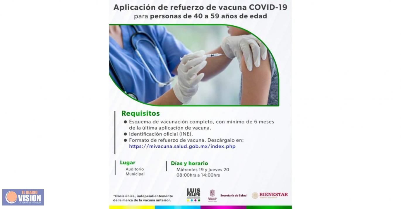 19 y 20 de enero, se aplicará refuerzo para 40-59 en Zacapu 