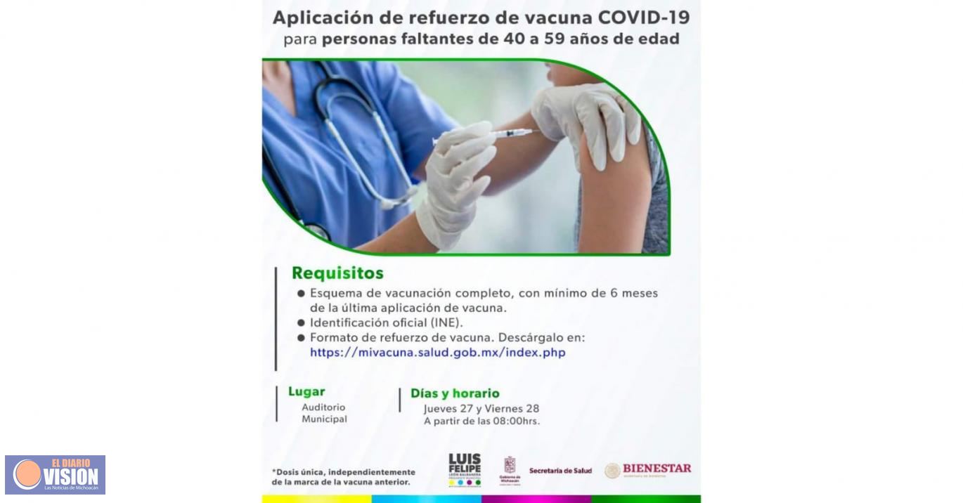 Jueves y Viernes se aplicará vacunación de refuerzo faltante para 40-59 años en Zacapu 