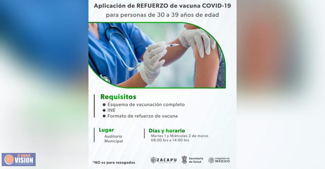 Aplicarán vacuna de refuerzo anticovid a personas de 30 a 39 años, mañana martes en Zacapu 