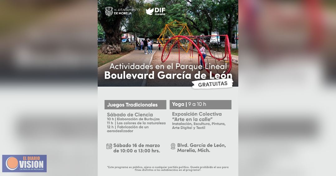 DIF Morelia invita a actividades culturales, educativas y recreativas en el Parque del Boulevard