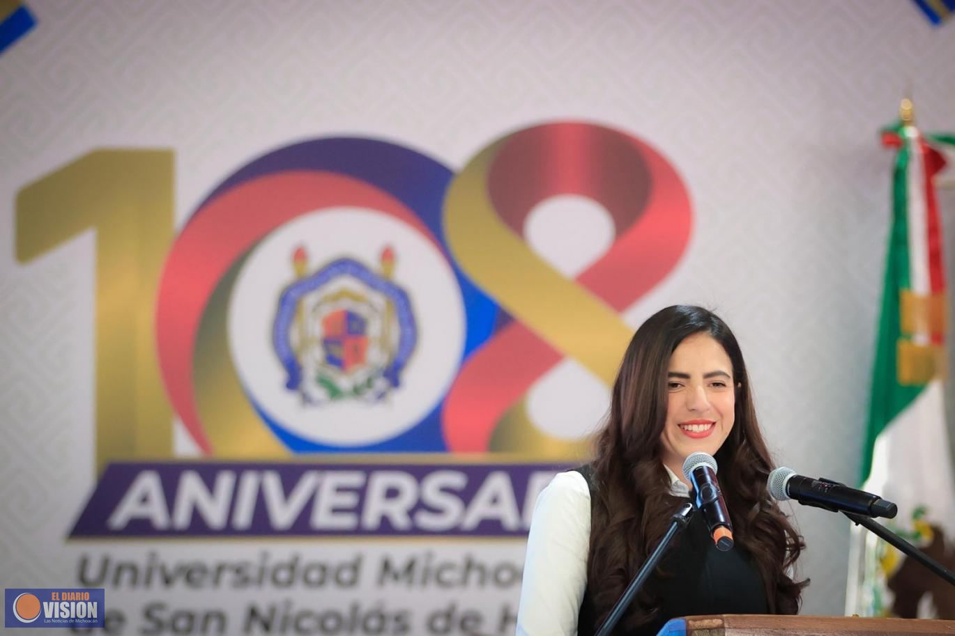 Giulianna Bugarini destaca que la UMSNH llega a sus  108 años con una reforma que le da certeza 