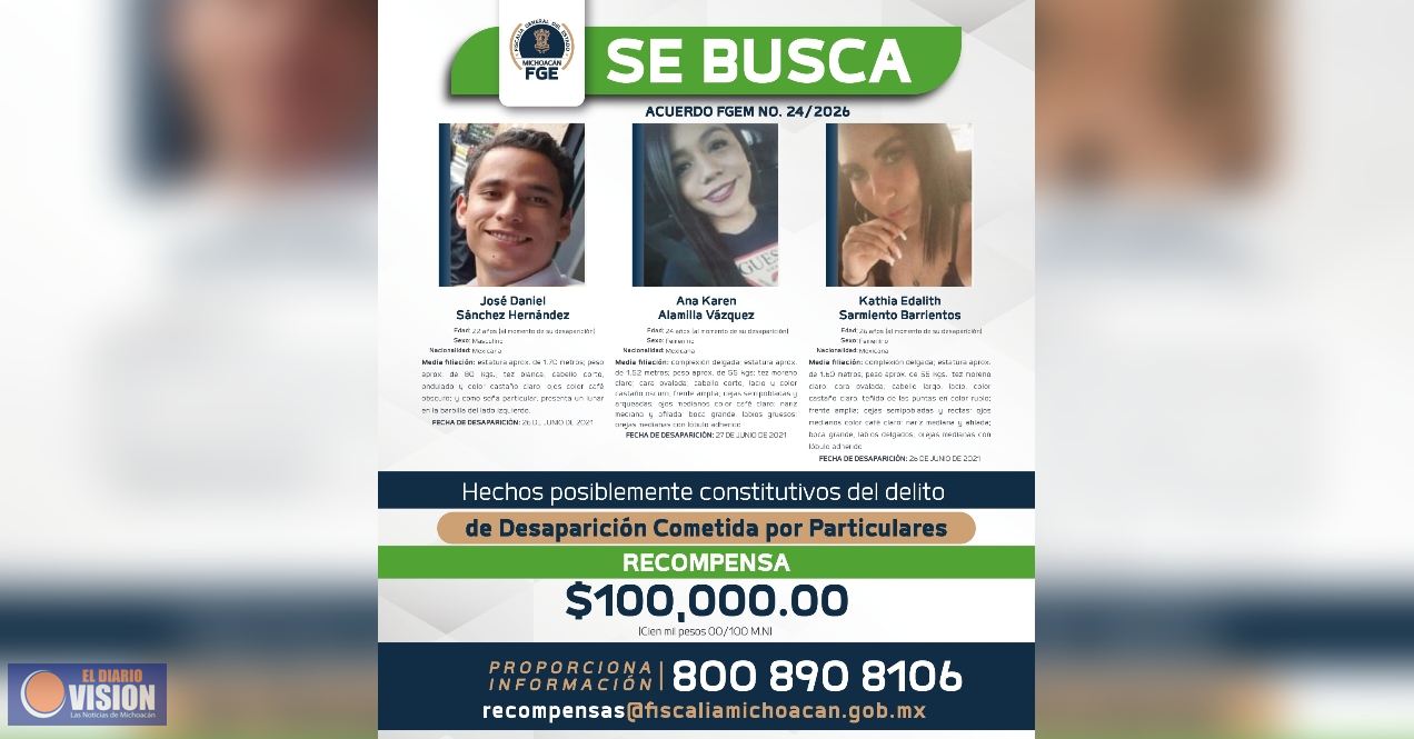 FGE ofrece 100 mil pesos por información que permita localizar a tres personas desaparecidas