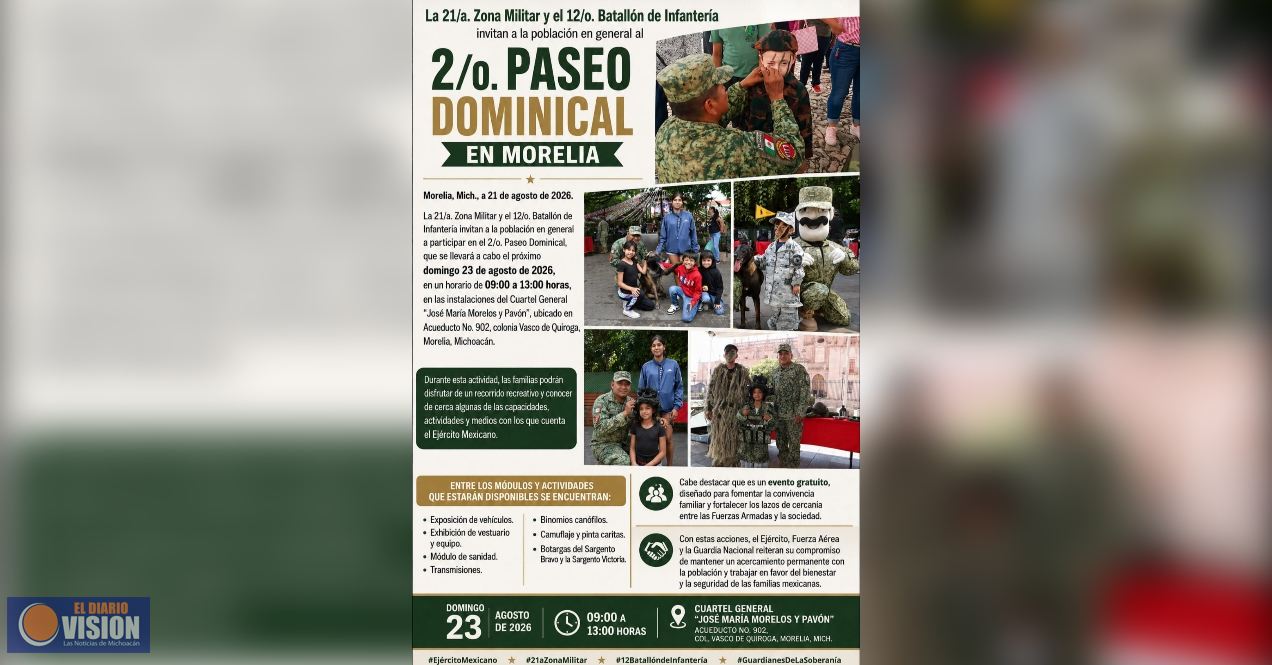 La 21/a. Zona Militar y el 12/o. Batallón de Infantería realizarán  2/o. Paseo Dominical 