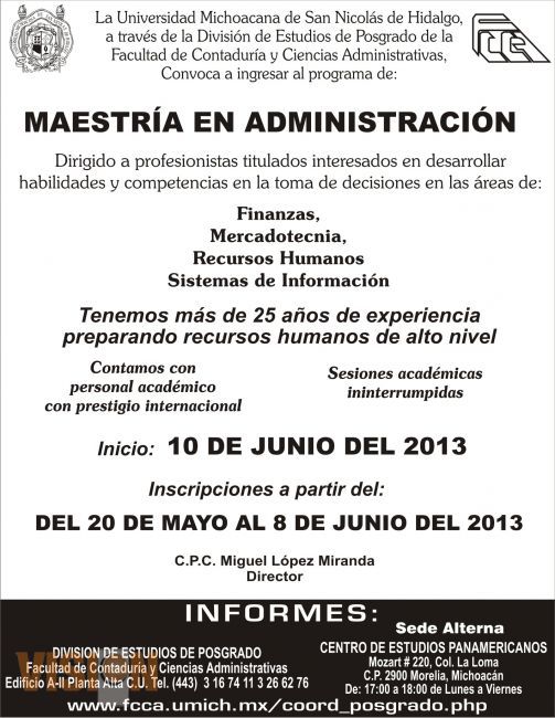 Abierta convocatoria para estudiar la Maestría en Administración en la UMSNH 