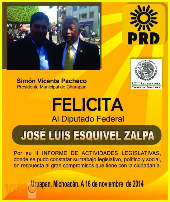 Simón Vicente Pacheco, felicita al Diputado Federal José Luis Esquivel Zalpa. 