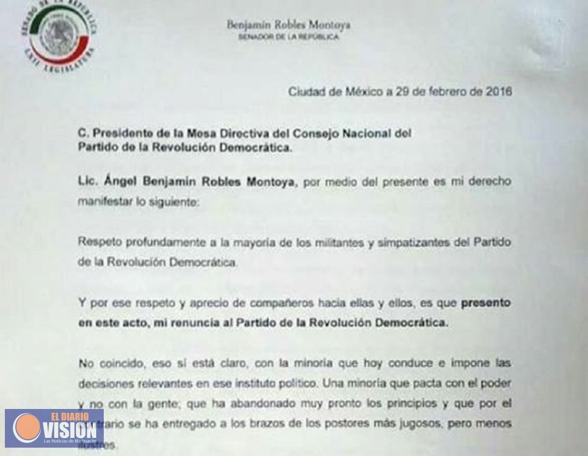 Renuncia Benjamín Robles al PRD