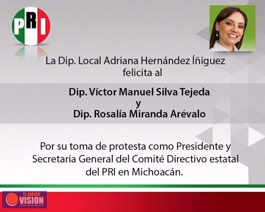 La diputada Adriana Hernández Íñiguez felicita a la nueva Dirigencia Estatal del PRI 