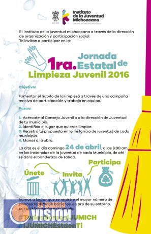 Convoca IJUMICH a la Primer Jornada Estatal de Limpieza Juvenil 2016.