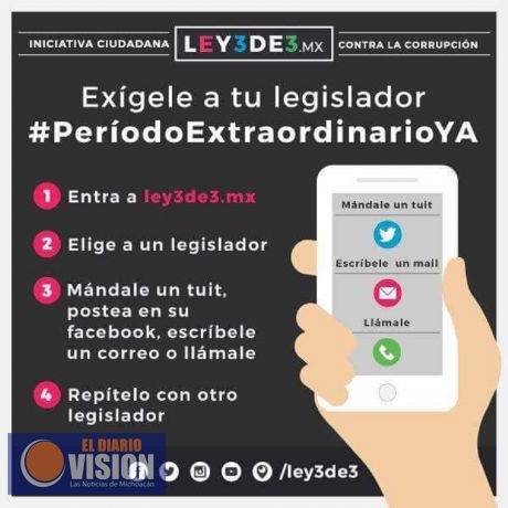 Invitan a ciudadanos a exigir a legisladores aprobación 3de3 
