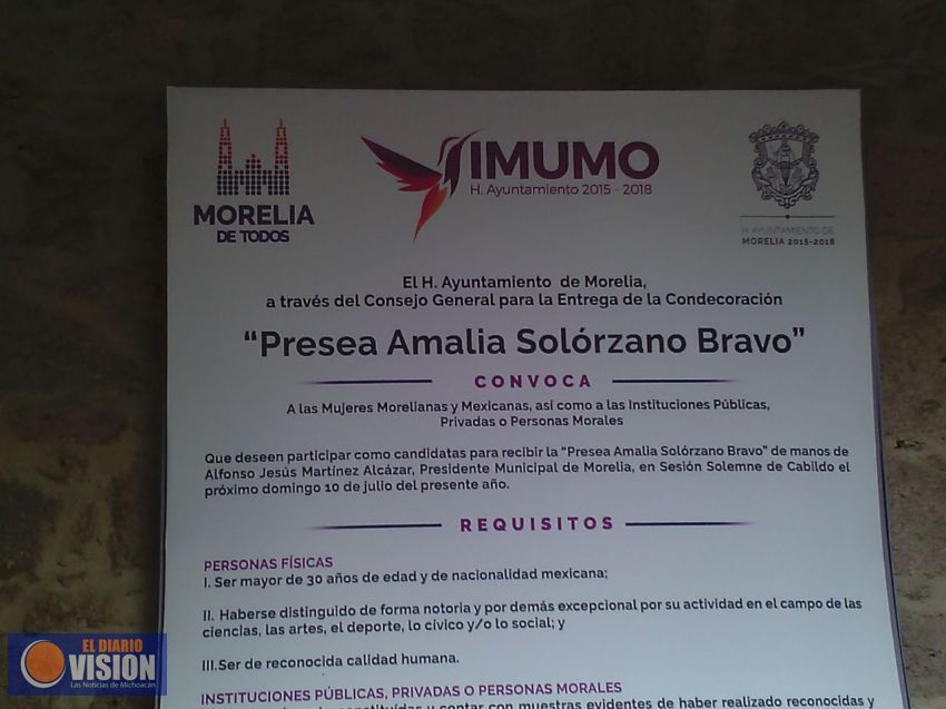 IMUMO recibirá todo este mes propuestas para la Presea Amalia Solorzano Bravo