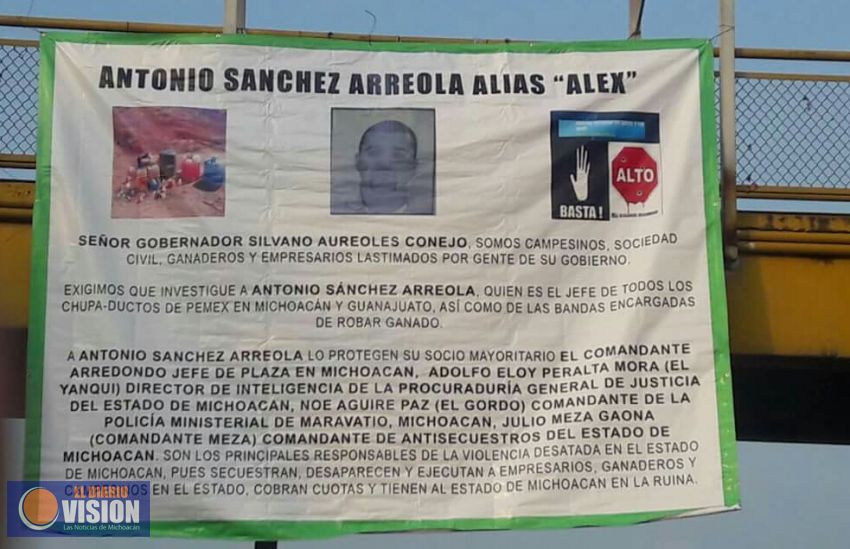 Colocan mantas en Morelia, le exigen al gobernador investigar Antonio Sánchez protegido por PGJE 