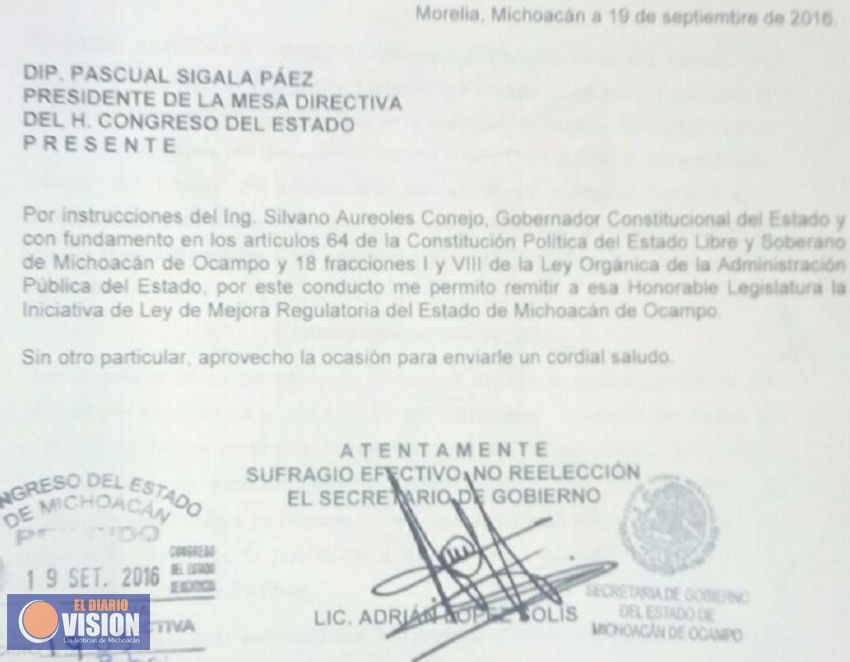 Presenta el Ejecutivo Iniciativa de Ley Estatal de Mejora Regulatoria  