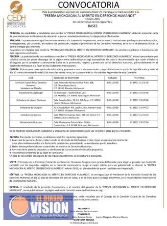 Invita CEDH a participar en Presea Michoacán al Mérito en Derechos Humanos 2016