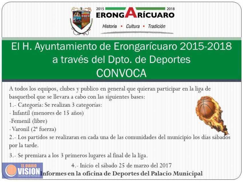 Ayuntamiento de Erongarícuaro invita a participar en liga de básquetbol 