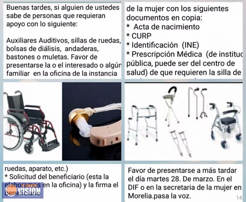 Se deslinda Sistema DIF Michoacán de entrega de apoyos funcionales difundida en redes sociales