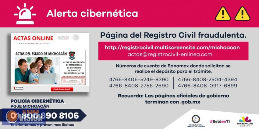 Detectan página fraudulenta de Registro Civil Michoacán 
