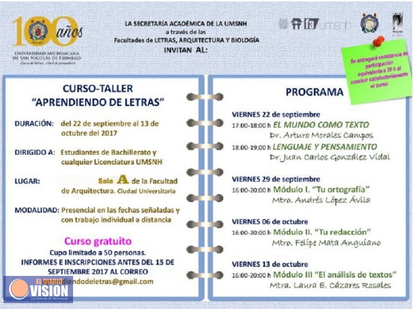 Impartirán Curso-Taller de Ortografía y Redacción para estudiantes en la UMSNH