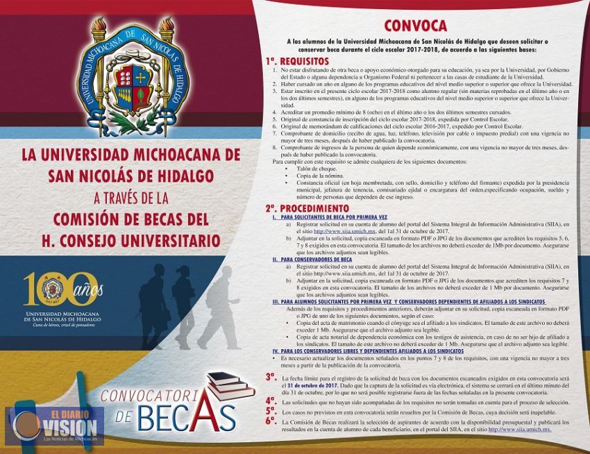 Abierta convocatoria becas de la UMSNH para el ciclo escolar 2017-2018
