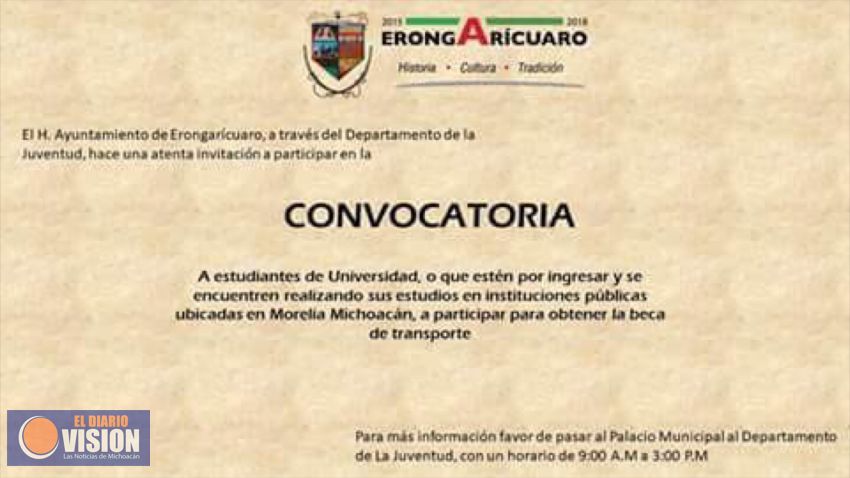 Convocan a jóvenes a tramitar beca de transporte en Erongaricuaro.