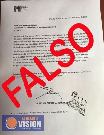 Apócrifo documento de renuncia de Víctor Silva al PRI Michoacán
