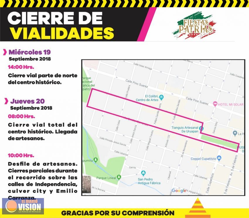 DTyVM informa sobre cierre vial en su totalidad del Centro Histórico este jueves a partir de las 8