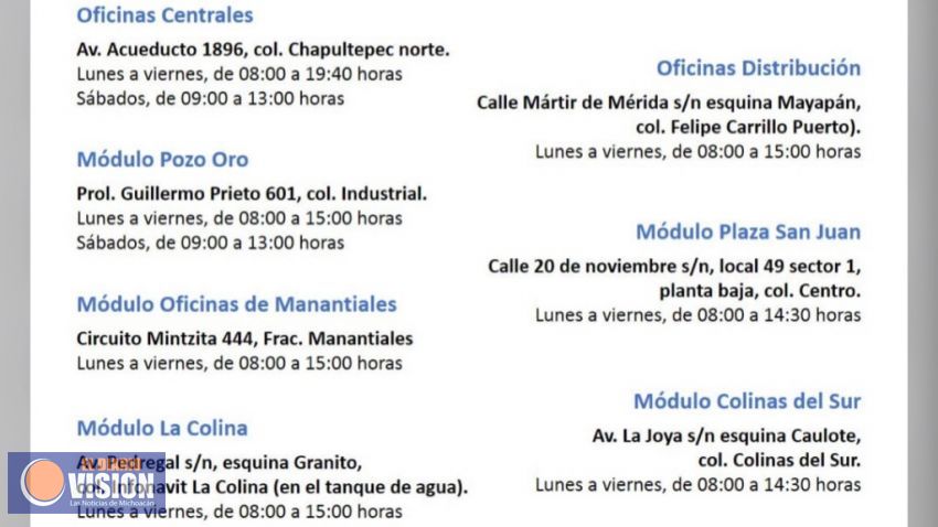 Hoy sábado no abrirán módulos del OOAPAS 