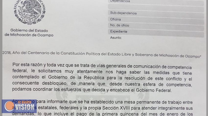 Formaliza Gobierno de Michoacán petición a Segob para liberar vías férreas
