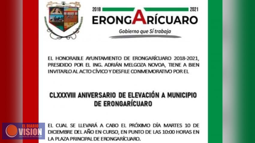 Erongarícuaro, invita a los festejos por el CLXXXVIII Aniversario de elevación a Municipio
