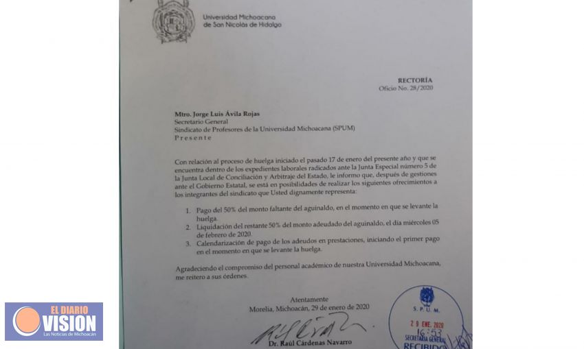 Autoridades Nicolaitas, en posibilidades de pagar el 50% del aguinaldo, si levantan huelga