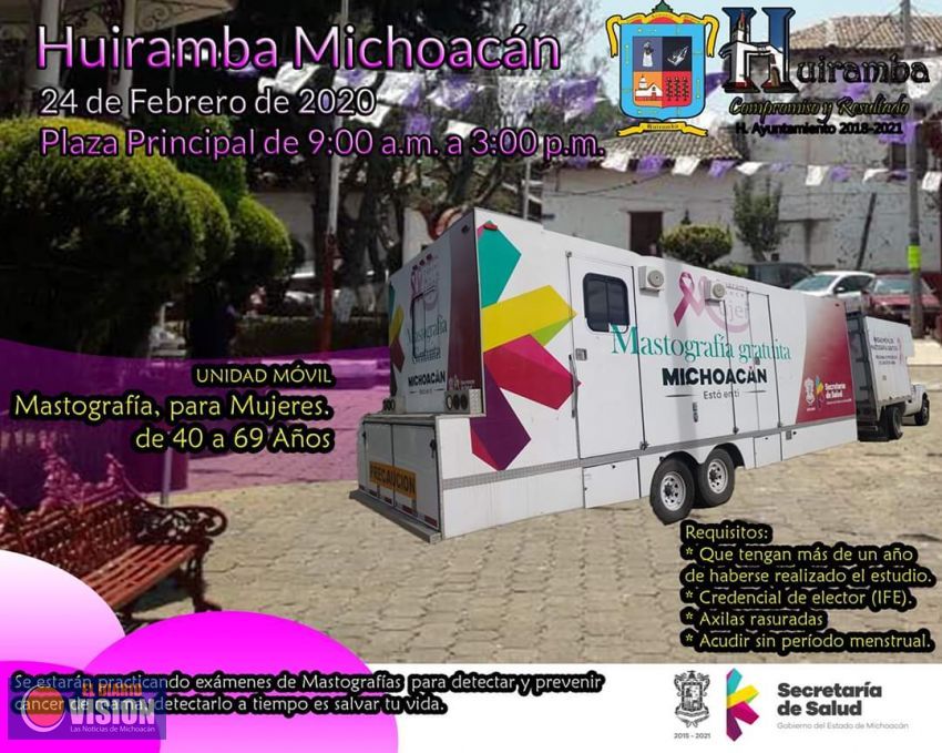 La Unidad Móvil de Mastografía estará en Huiramba este 24 de Febrero