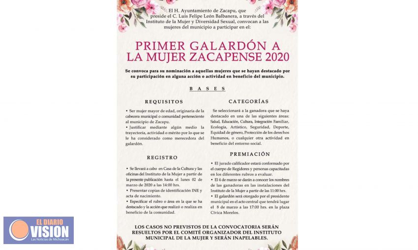 Ayuntamiento de Zacapu invita a participar en el “Primer Galardón a la Mujer Zacapense 2020”