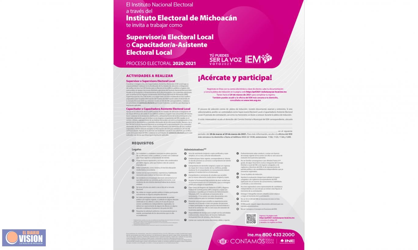 Contratará IEM más de mil 900 personas como capacitadores y supervisores electorales 