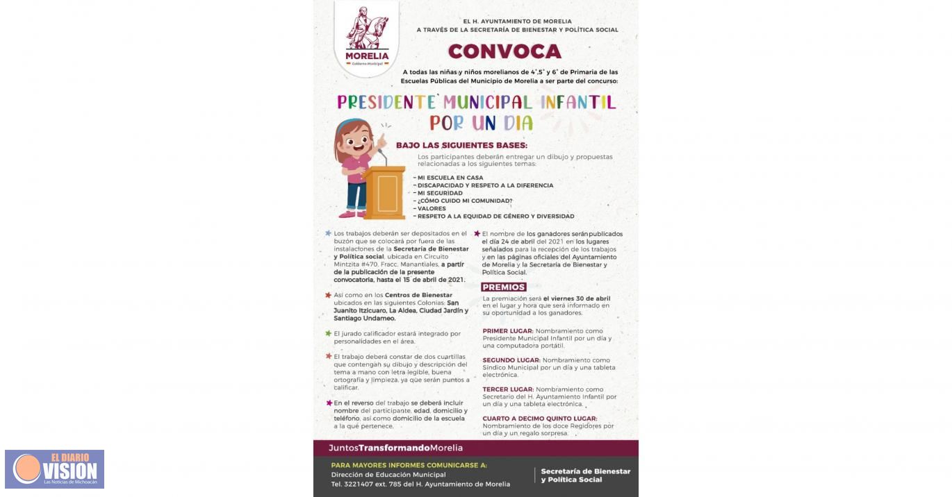 Convoca Gobierno de Morelia a concurso Presidente Municipal por Un Día