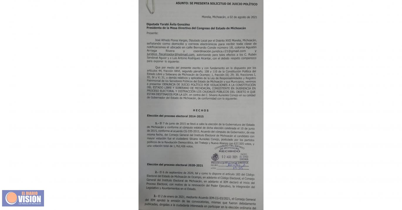 Recibe Congreso de Michoacán solicitud de juicio político contra Silvano Aureoles